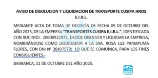 Aviso oficial: anuncian disolución y liquidación de Transportes Cusipa Hnos E.I.R.L.