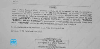 RENIEC: Rectificación administrativa del acta de nacimiento de Ascencio Díaz, Josué Daniel